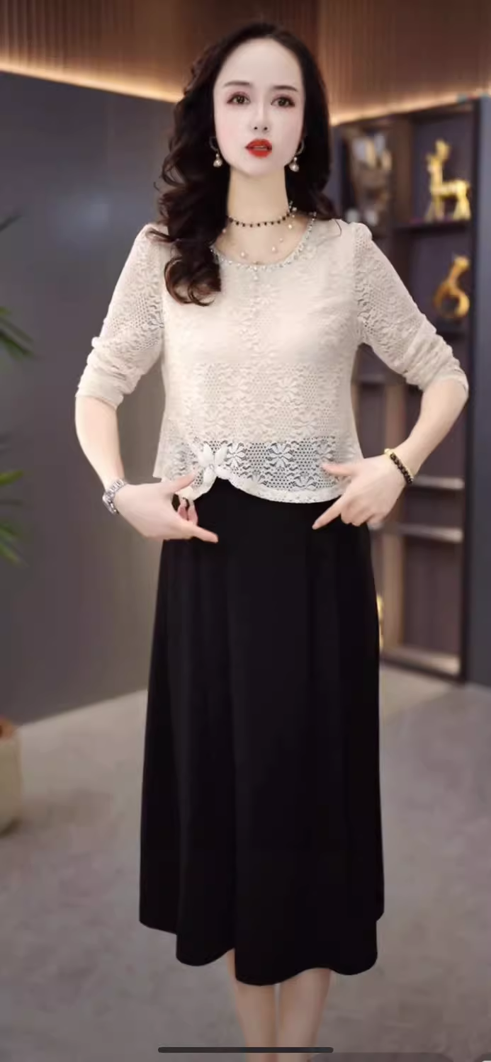 17761-Đầm liền ren tay dài phối chân váy xòe đen ( ren, , voan, lót)