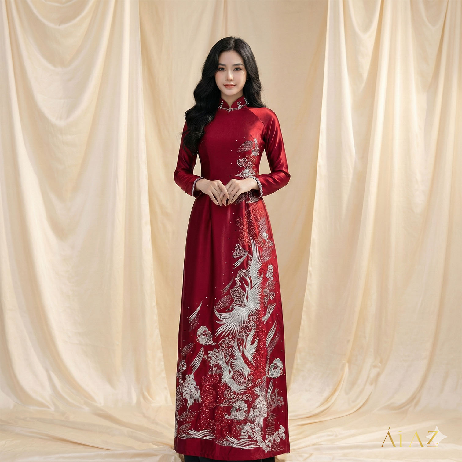 Áo Dài Mẹ Cô Dâu Chú Rể Thêu Kết Phượng Vũ - Đỏ Đô - Chất Ruby Sang Trọng Quyền Quý AM25-04