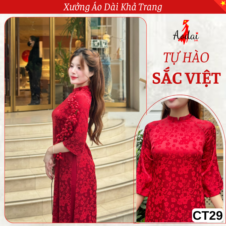 Bộ Áo Dài Cách Tân Gấm Dáng Suông Hoa Anh Đào màu Đỏ ĐÔ cổ Cao 2cm Tay Lỡ_thumbnail_1