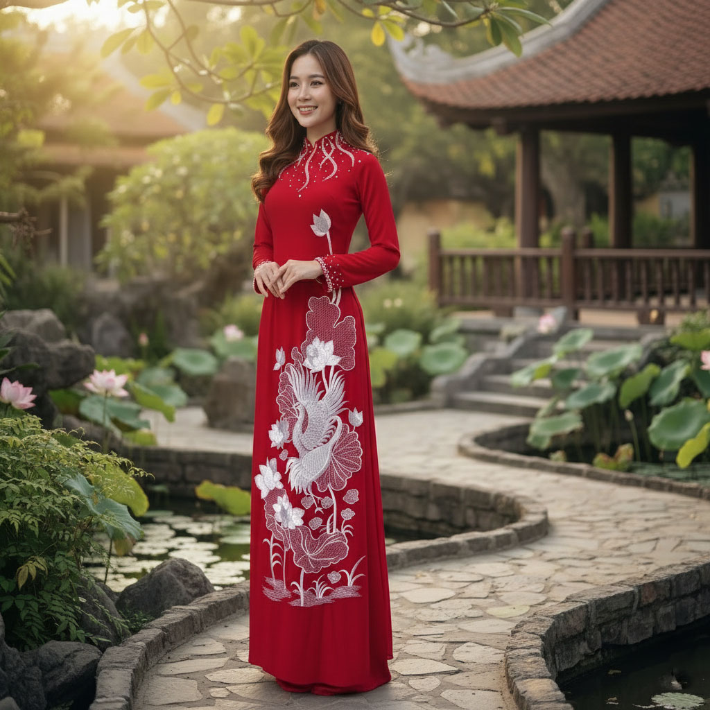 Áo Dài Bà Sui Thêu Sen Hạc Truyền Thống Cho Mẹ Cô Dâu Chú Rể AM26-07