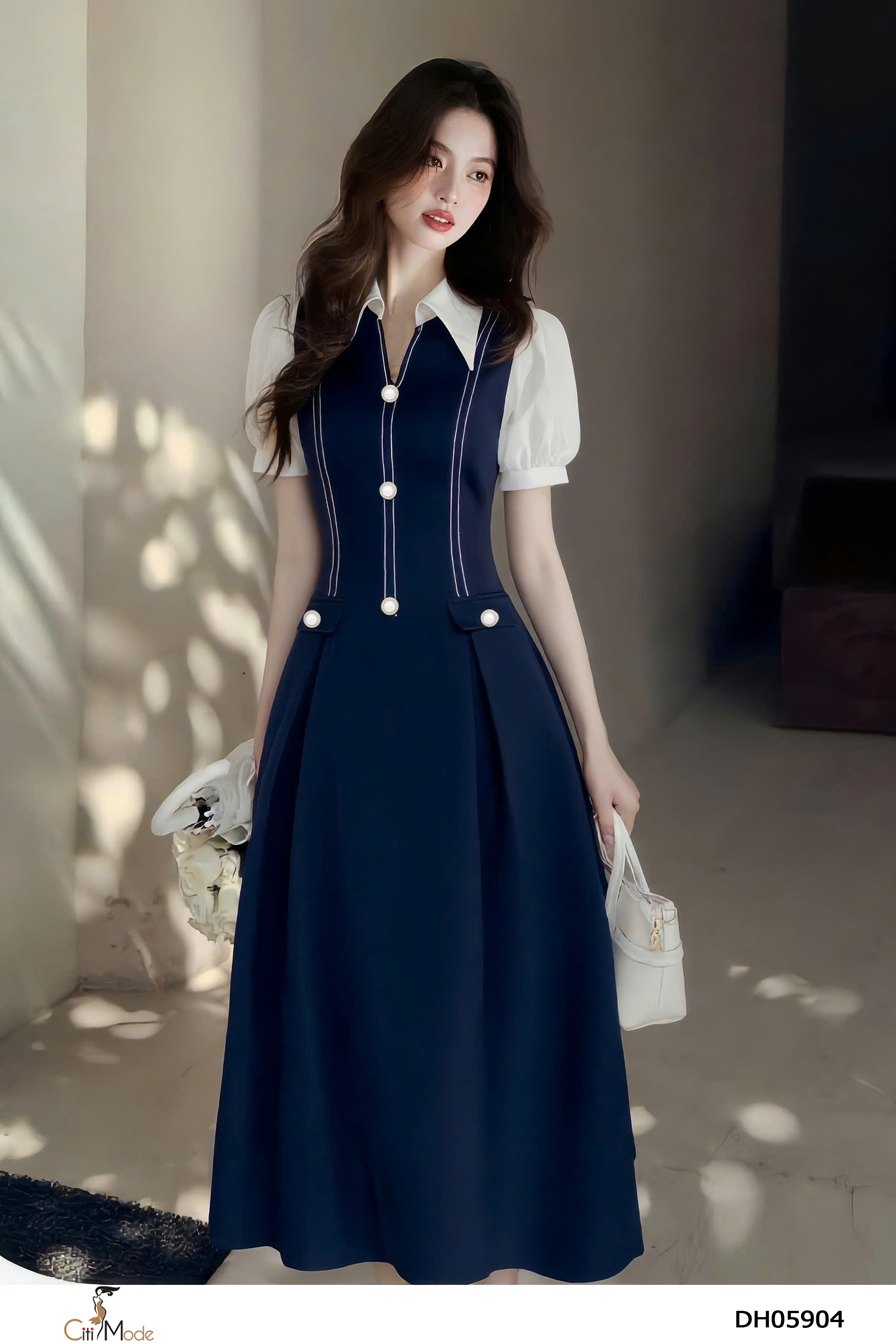 Đầm xòe tím than cổ đức tay phối trắng