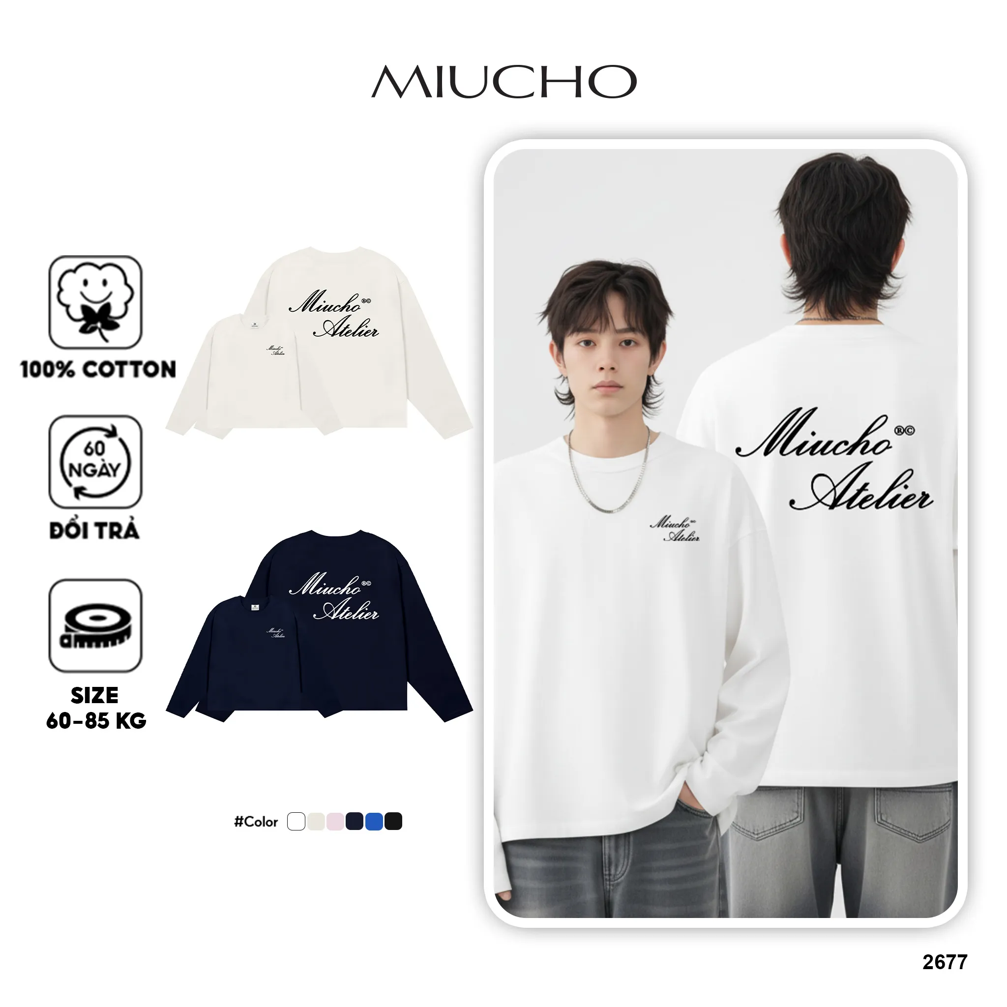 Áo phông nam form boxy tay dài Miucho Club vải cotton co giãn 2 chiều thoáng mát cổ tròn in basic 2677_thumbnail_1