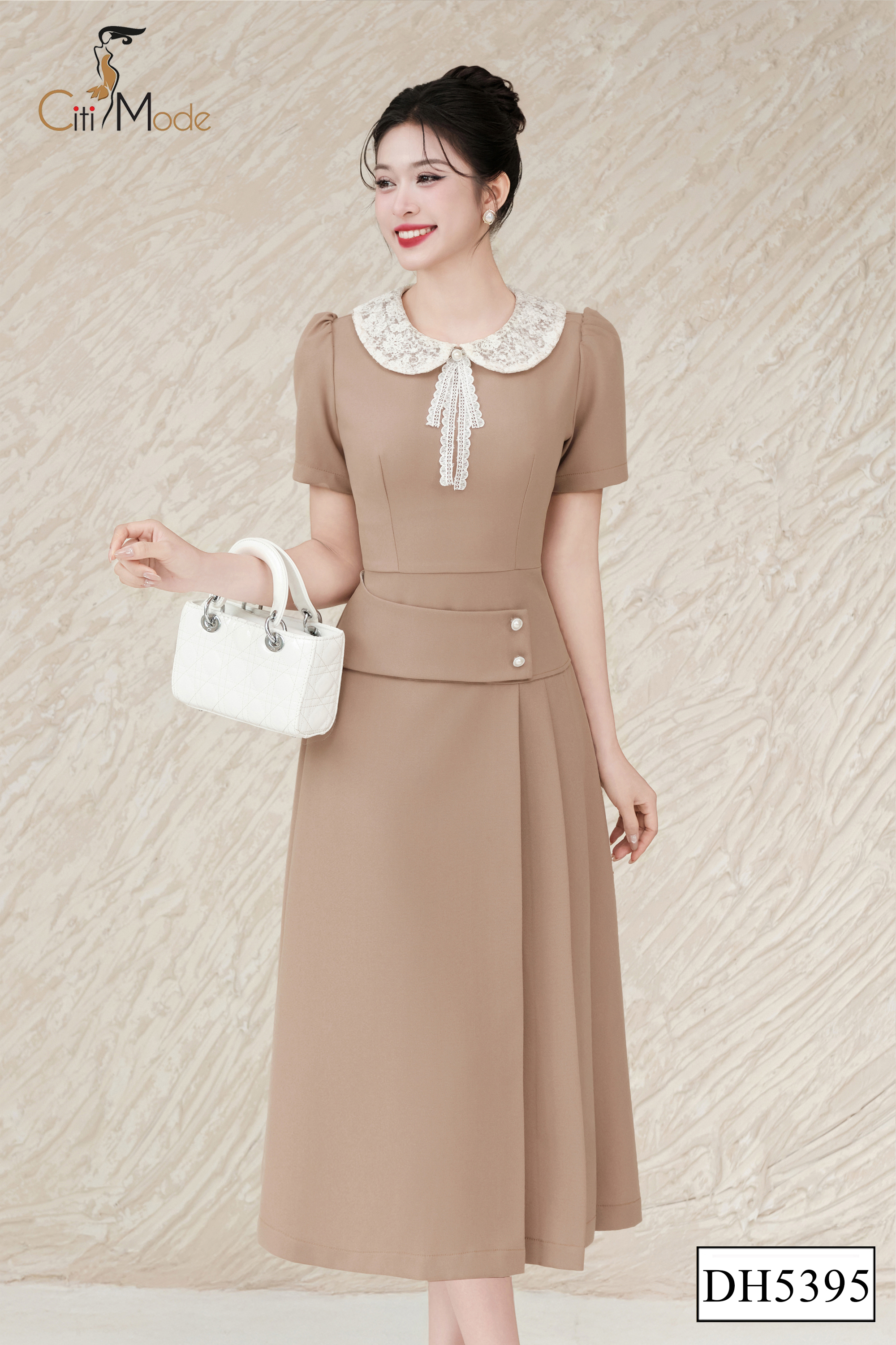 Đầm xòe nâu xếp ly cổ ren_thumbnail_1