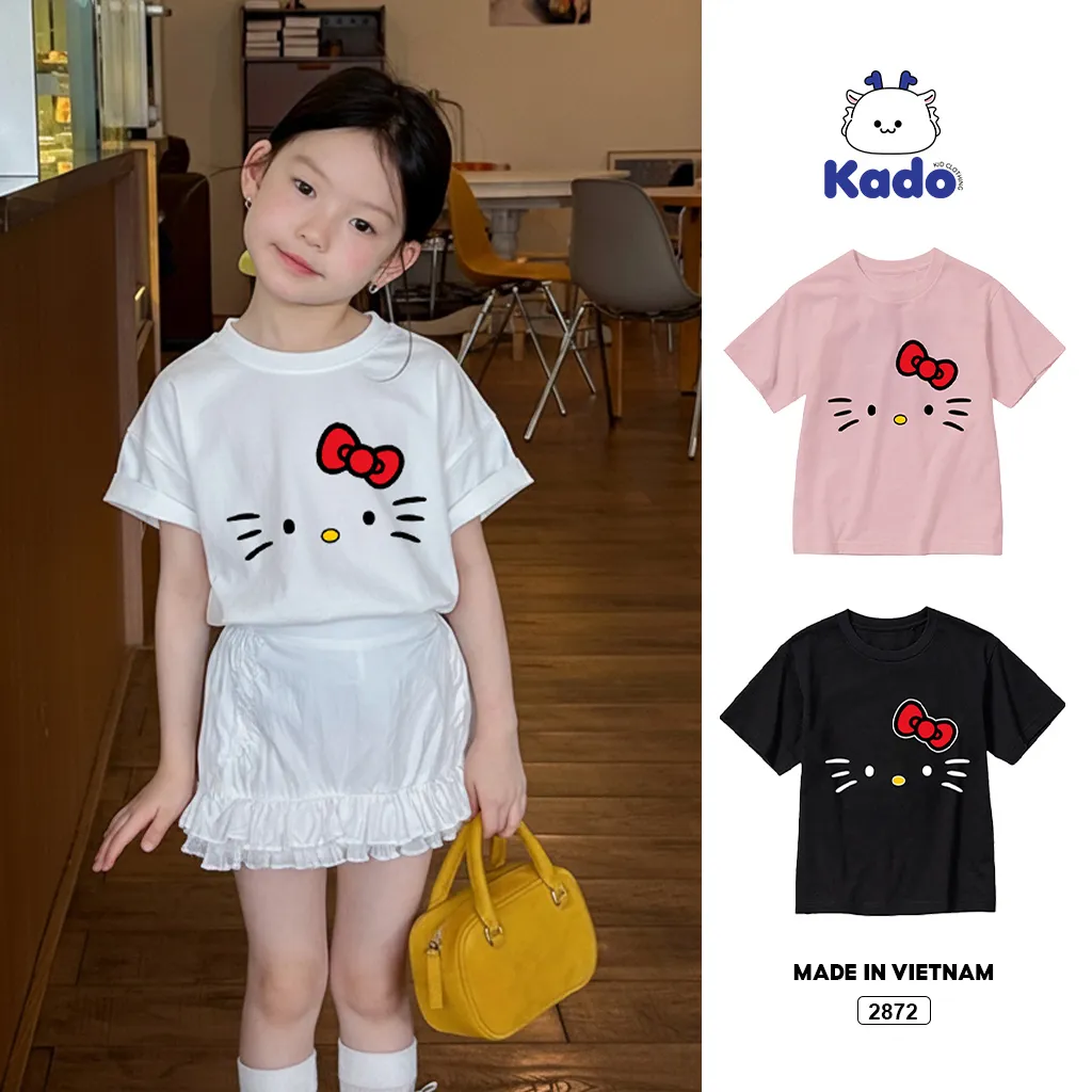 Áo thun cho bé gái form rộng Kado vải cotton mềm mại thấm hút tốt hình Kitty dễ thương 2872