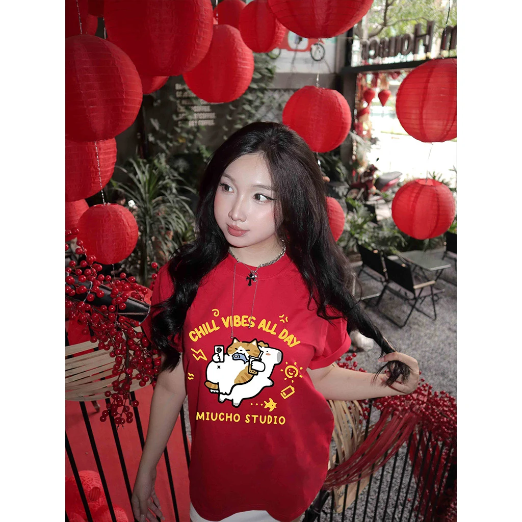 Áo thun form rộng Miucho chất vải thấm hút co giãn thoáng mát Chill Vibes All Day in mix 2889_thumbnail_6