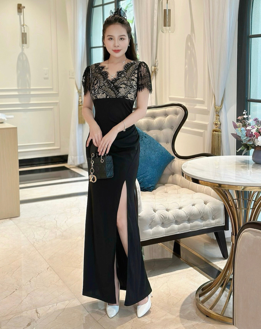 Đầm dự tiệc phối ren cổ V xẻ tà quyến rũ_thumbnail_3