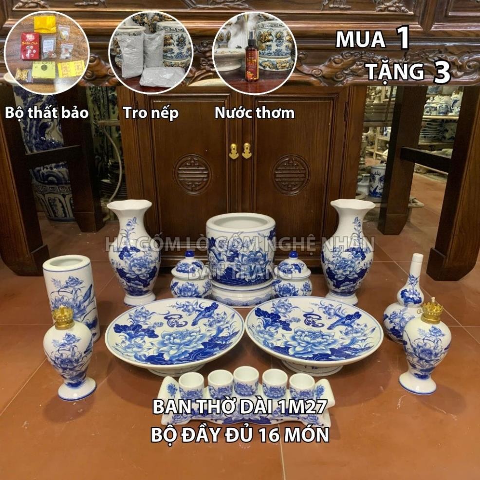 HG279 Đồ Thờ Cúng Bộ 16 món ban thờ 1M27 men trắng nghệ nhân Bát Tràng chế tác TẶNG Thất Bảo, Tro Nếp