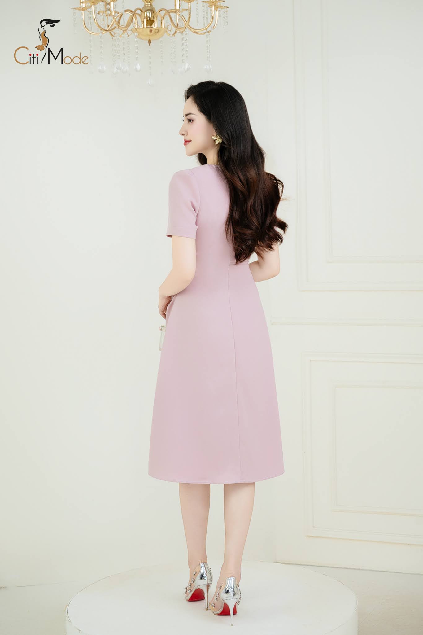 Đầm A hồng nhún hông đính hoa vai_thumbnail_1