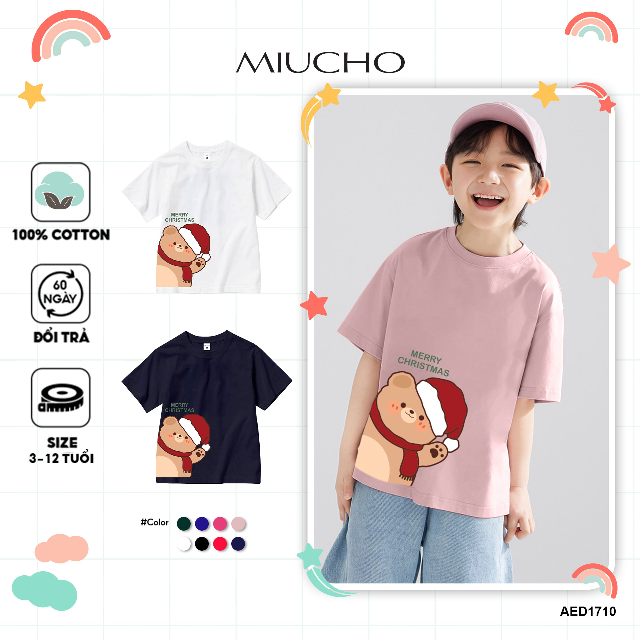 Áo thun bé trai giáng sinh noel form rộng vải cotton co giãn thoải mái AED1710 Miucho Kid in artwork