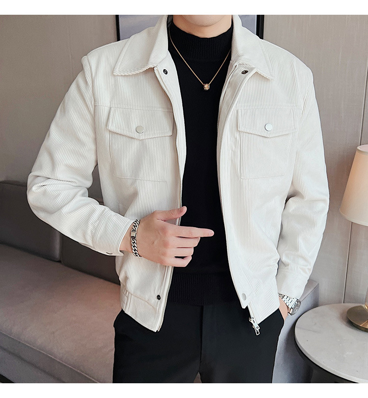 Áo jacket vải nhung nam dày thu đông áo jacket mẫu ngắn ôm dáng nhung sọc ve áo đơn giản áo khoác nam khí chất_thumbnail_4