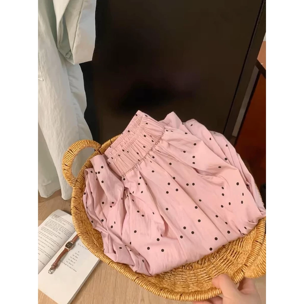 Quần suông nữ,chất vải đũi gió nhăn cao cấp chấm bi dễ thương, cạp chun eo cao_thumbnail_1