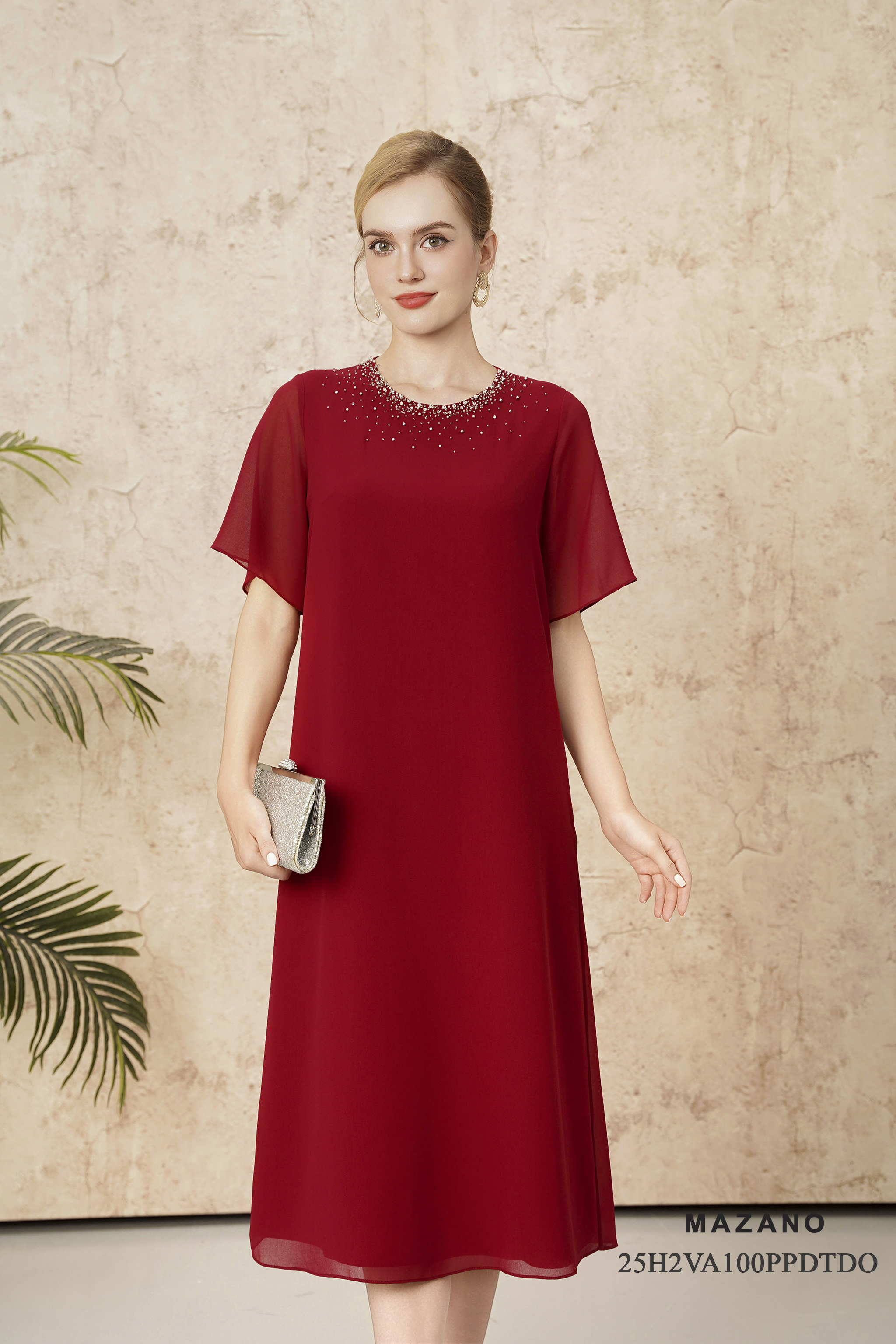 Váy Đầm Suông Vải voan chiffon Đính đá thủ công Cổ tròn Tay lỡ Dài qua bắp chân_thumbnail_1