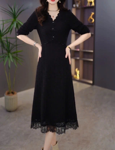 18196-Đầm suông A tay dài  viền ren cách điệu ( thun nhũ, ren)_thumbnail_1