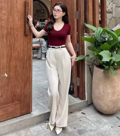 Quần suông cạp chun sau vải gold nhật cao cấp túi chéo 2 bên