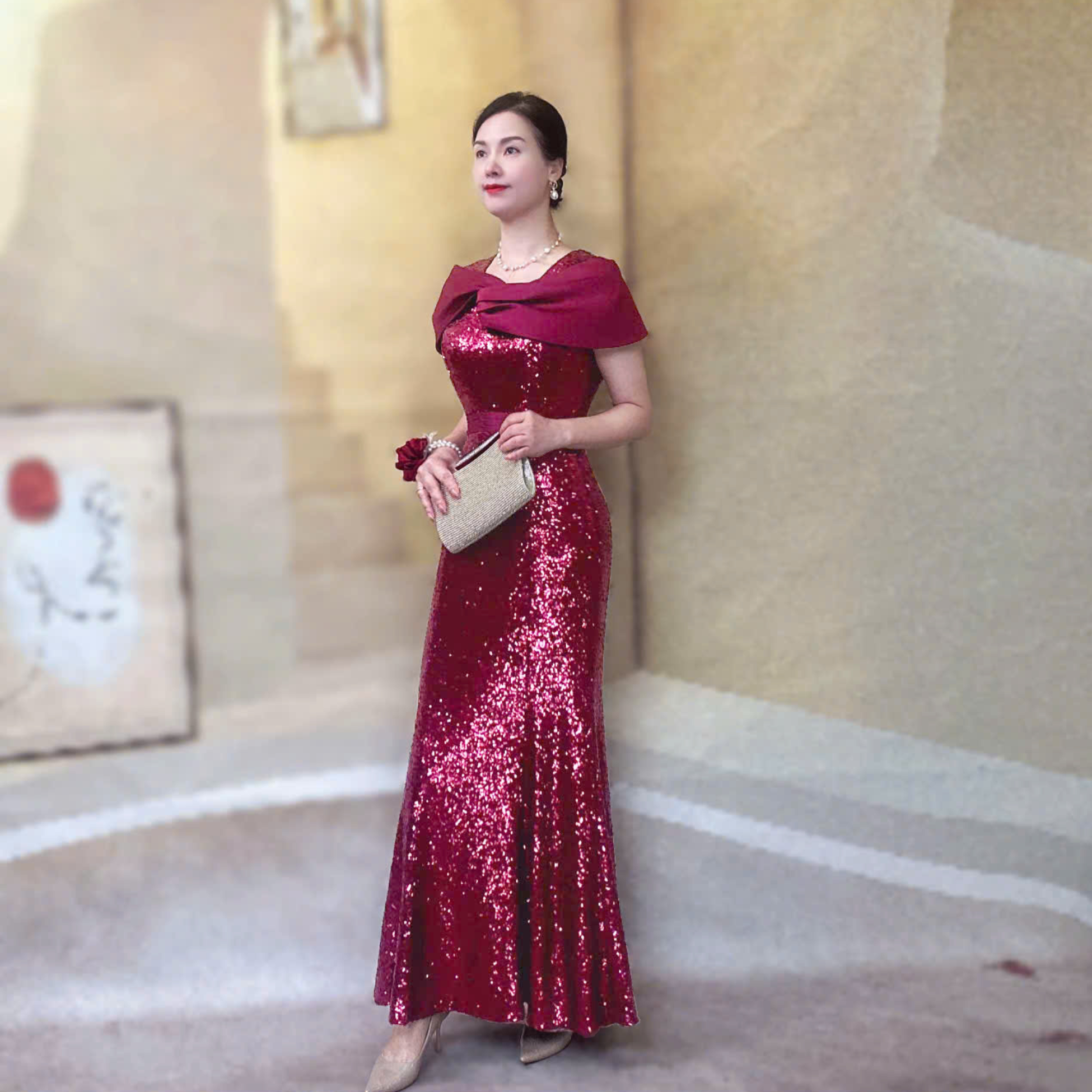 Đầm dự tiệc dạ hội kim sa phối nơ cách điệu_thumbnail_1