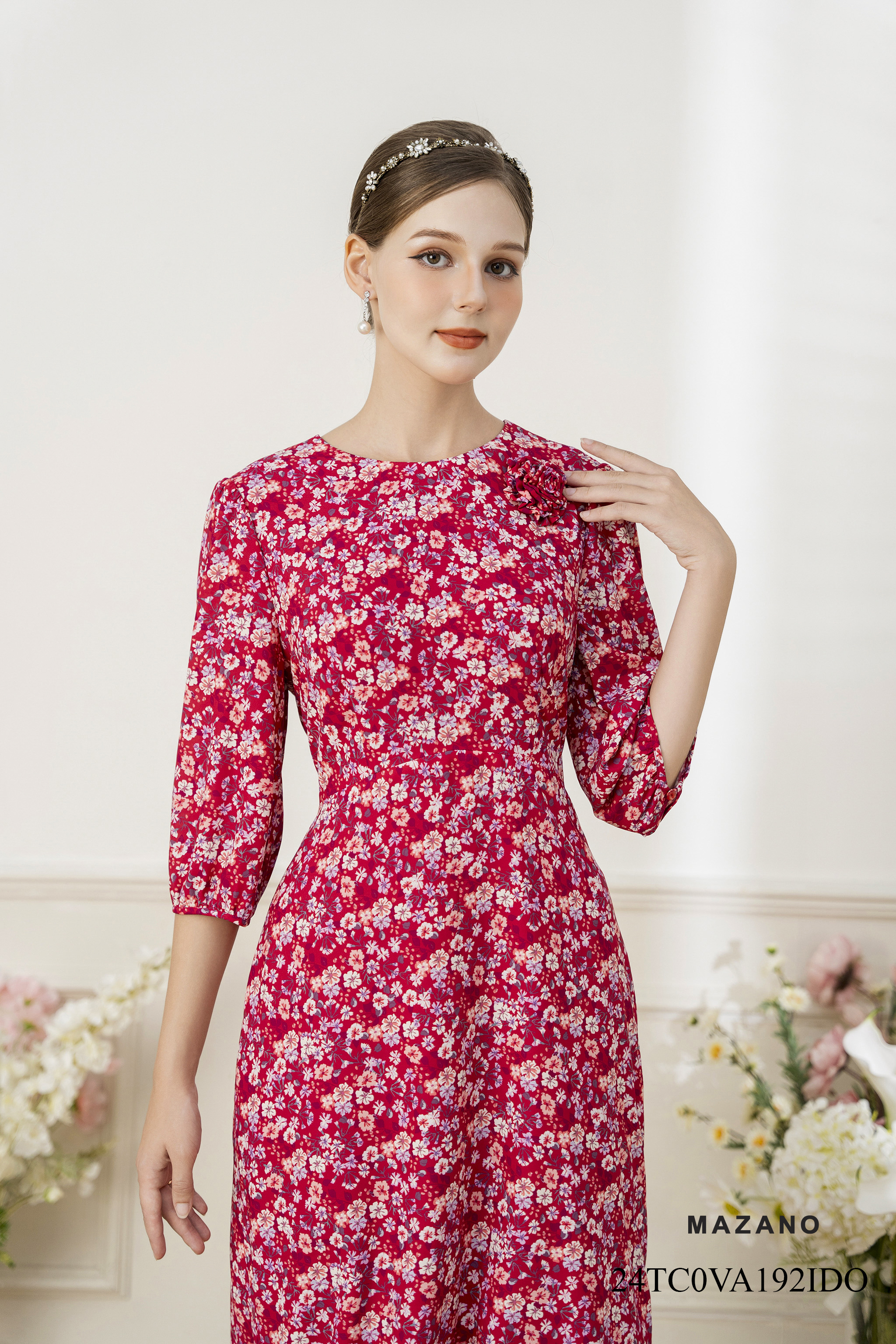 Váy Đầm ôm Chân rủ Vải voan Hoạ tiết hoa cách điệu Cổ tròn tay lỡ Dài qua bắp chân  192IDO_thumbnail_2