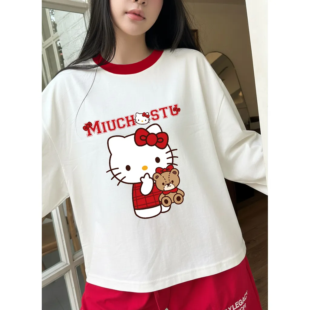 Áo thun boxy tay dài Miucho chất vải thoáng mát mềm mại phối cổ mix màu Kitty đỏ 2806_thumbnail_7