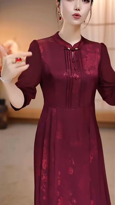 18277-Đầm lụa đỏ tay lở  cổ kết nút tàu cách điệu (lụa 2 da, lót)