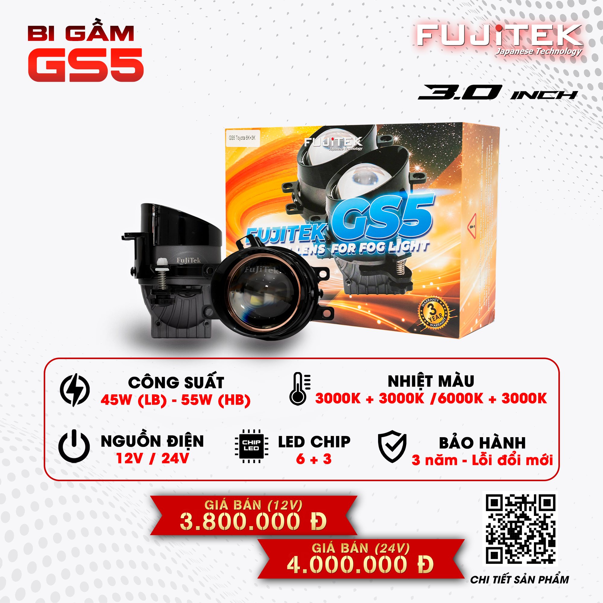 Fujitek GS5 Bi gầm 3 inch công suất cao cos trắng pha vàng 50W