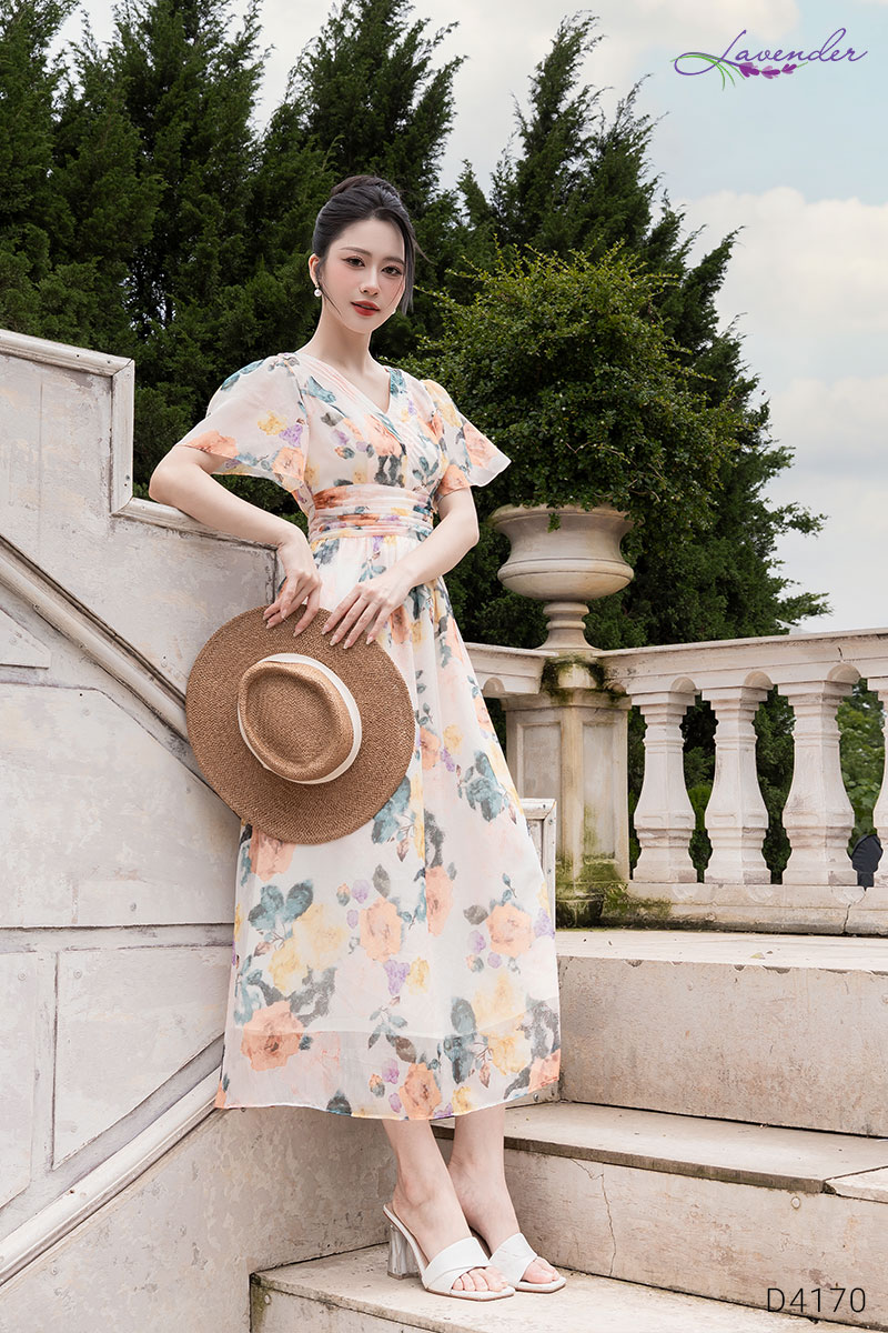 Đầm tơ hoa cam cổ V tay ngắn D4170_thumbnail_4