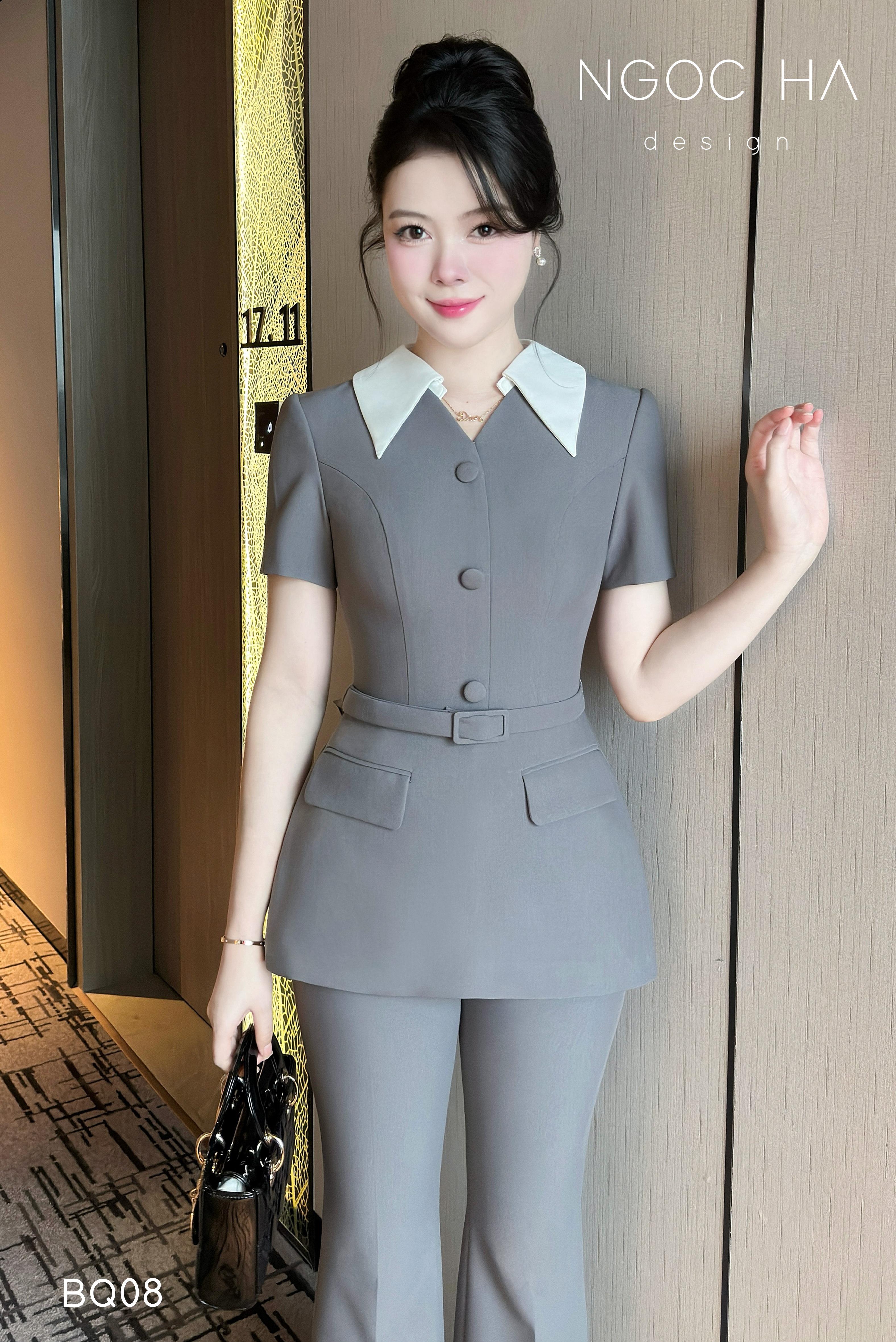 Darling Set_ Bộ Cộc Tay Mix Cổ Trắng Quần Loe Màu Ghi BQ08_thumbnail_4