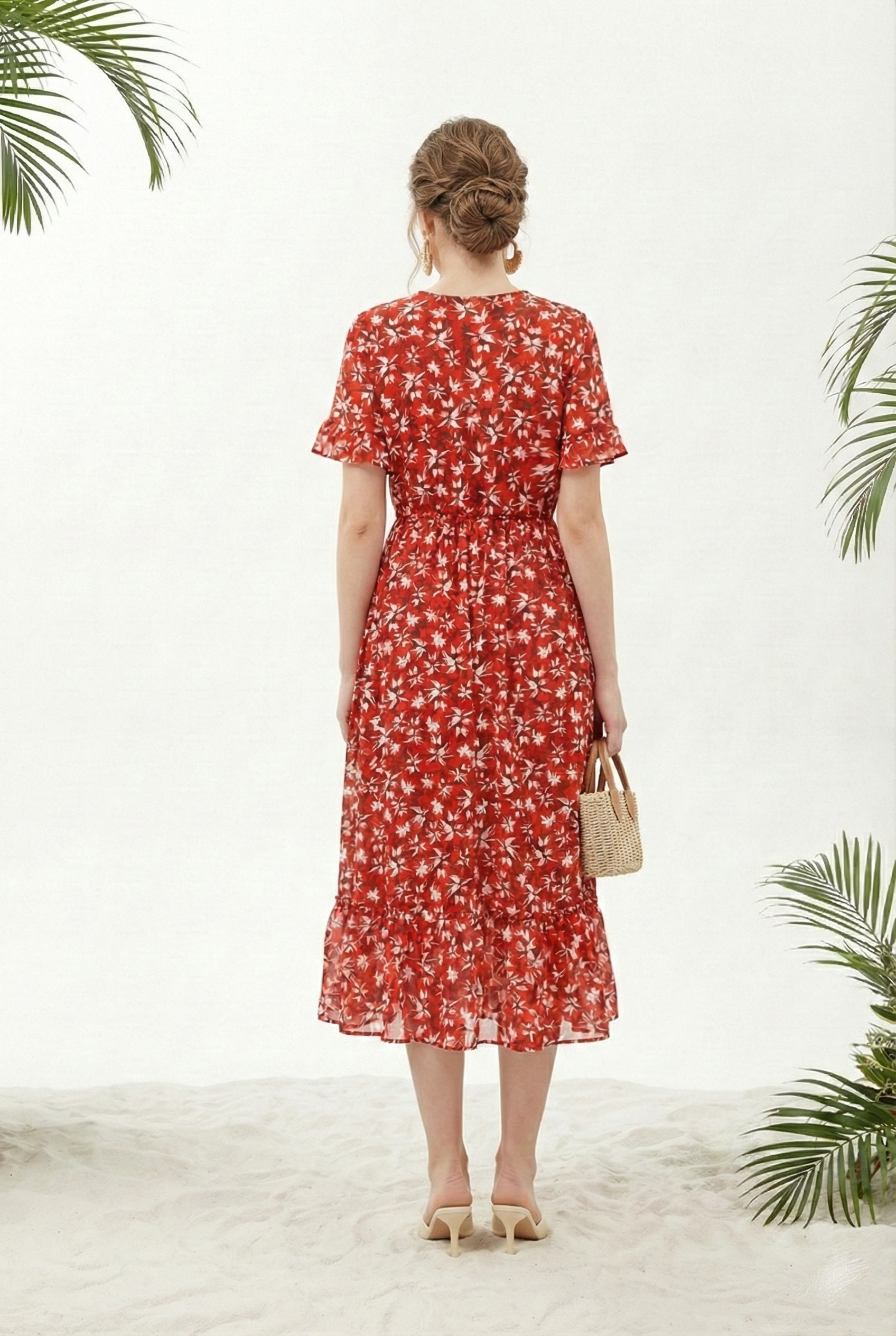 Đầm vải voan dày in hoa lan trắng nền đỏ dáng ôm chân rủ cổ V tay ngắn thiết kế MAZANO 1HA1SVA059DO_thumbnail_4