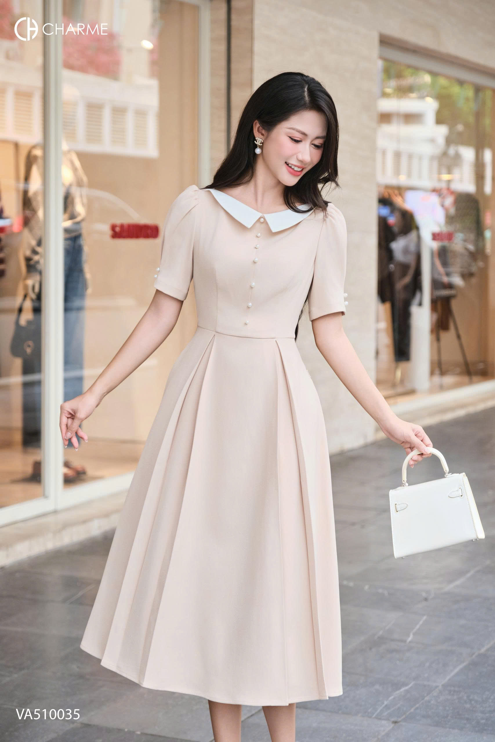 Váy cổ thuyền pha eo xếp li 2 bên