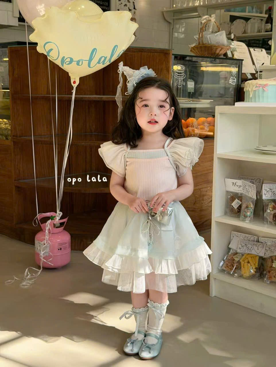 C129 - Set áo thun gân phối voan tay bèo 2 chi tiết màu kem xanh hãng OPL (Sz90-130)