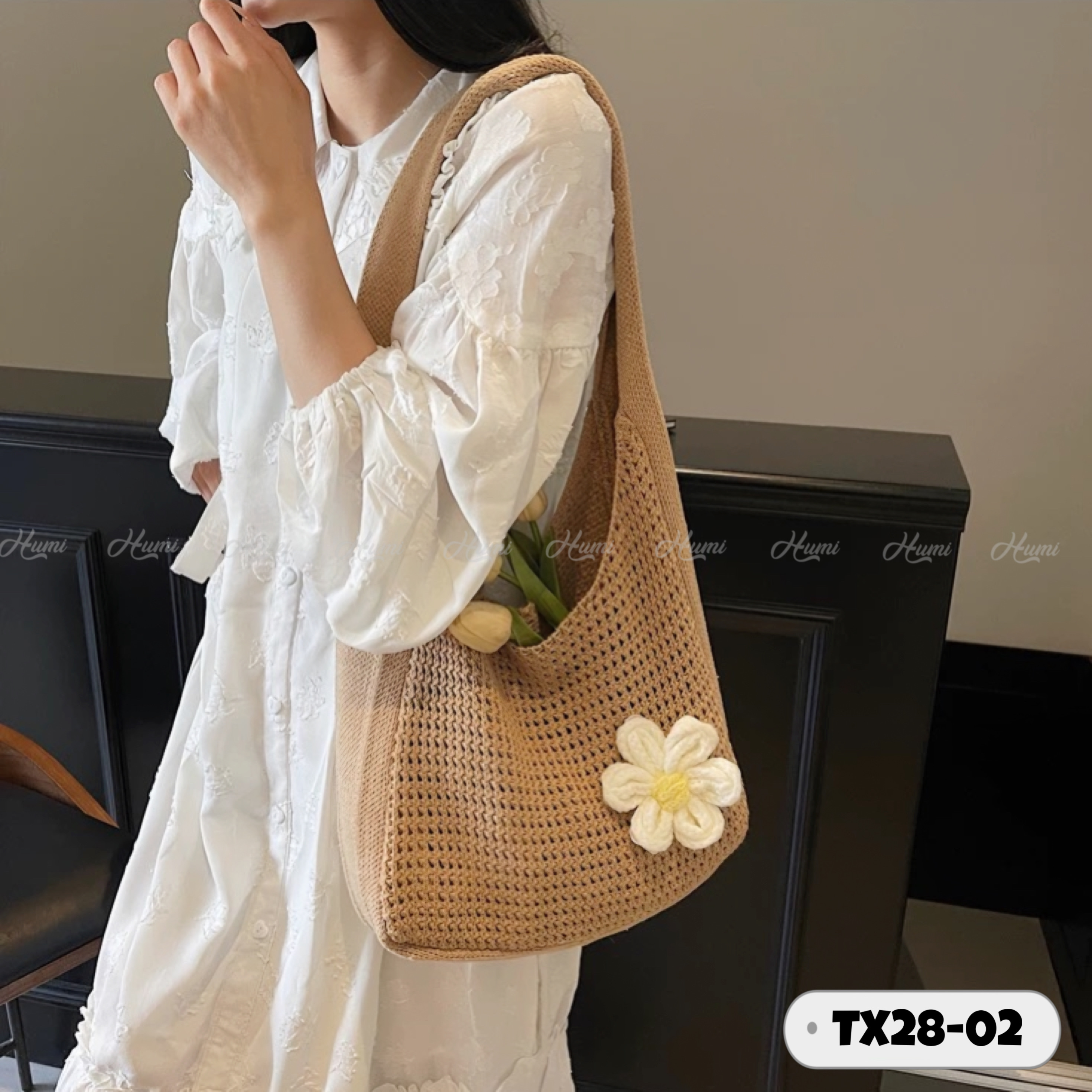 TÚI TOTE DỆT KIM ĐÍNH HOA (TX28-02 NÂU)
