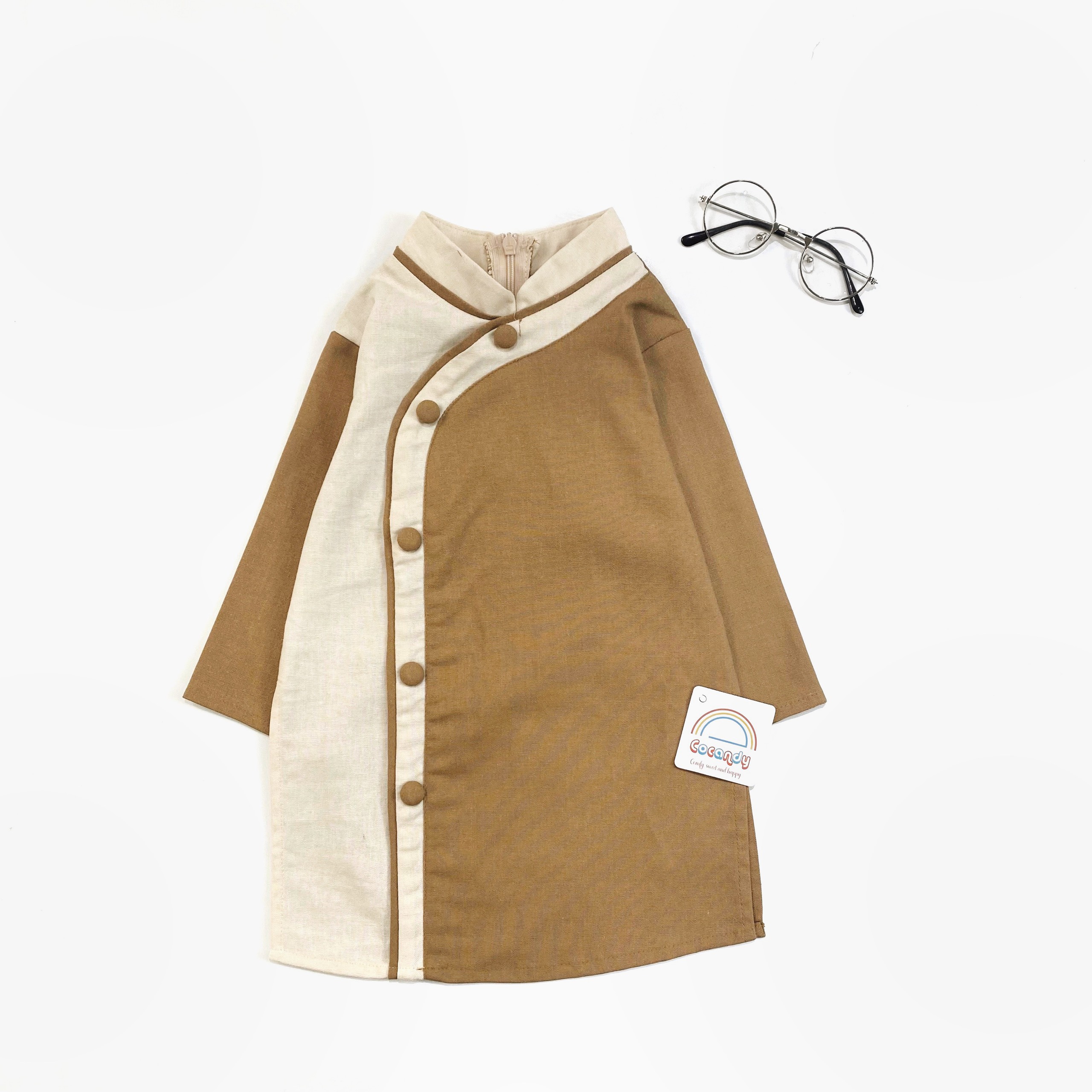 Áo dài linen NÂU phối BE cúc chéo_thumbnail_2