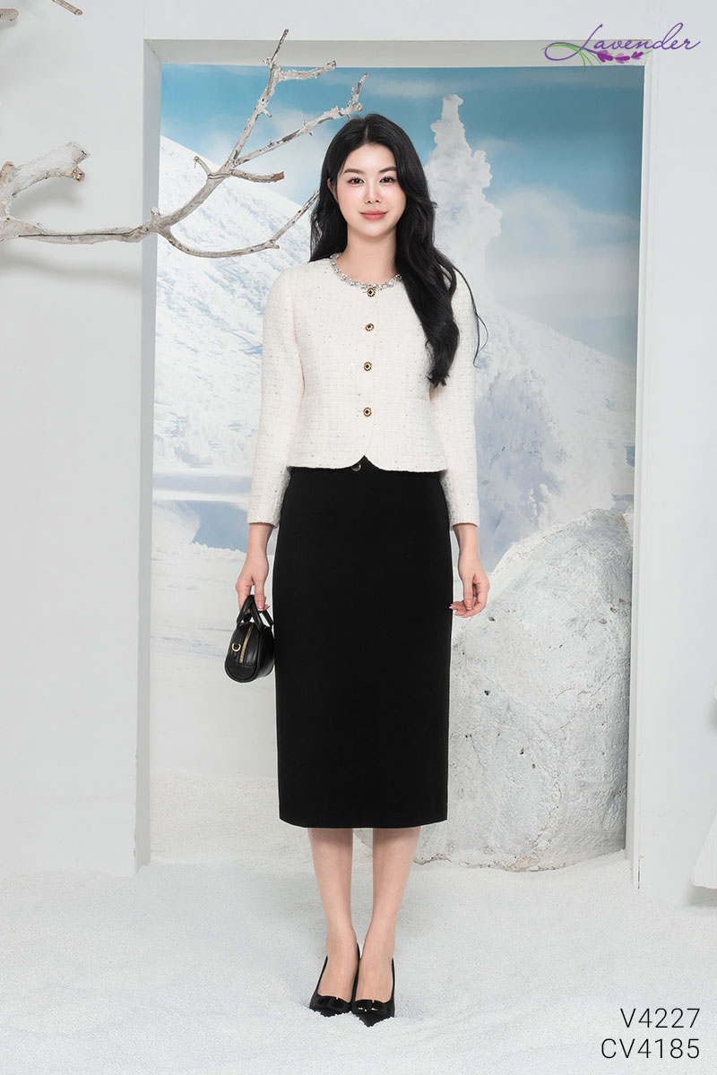 Áo dạ tweed kem, tím than V4227