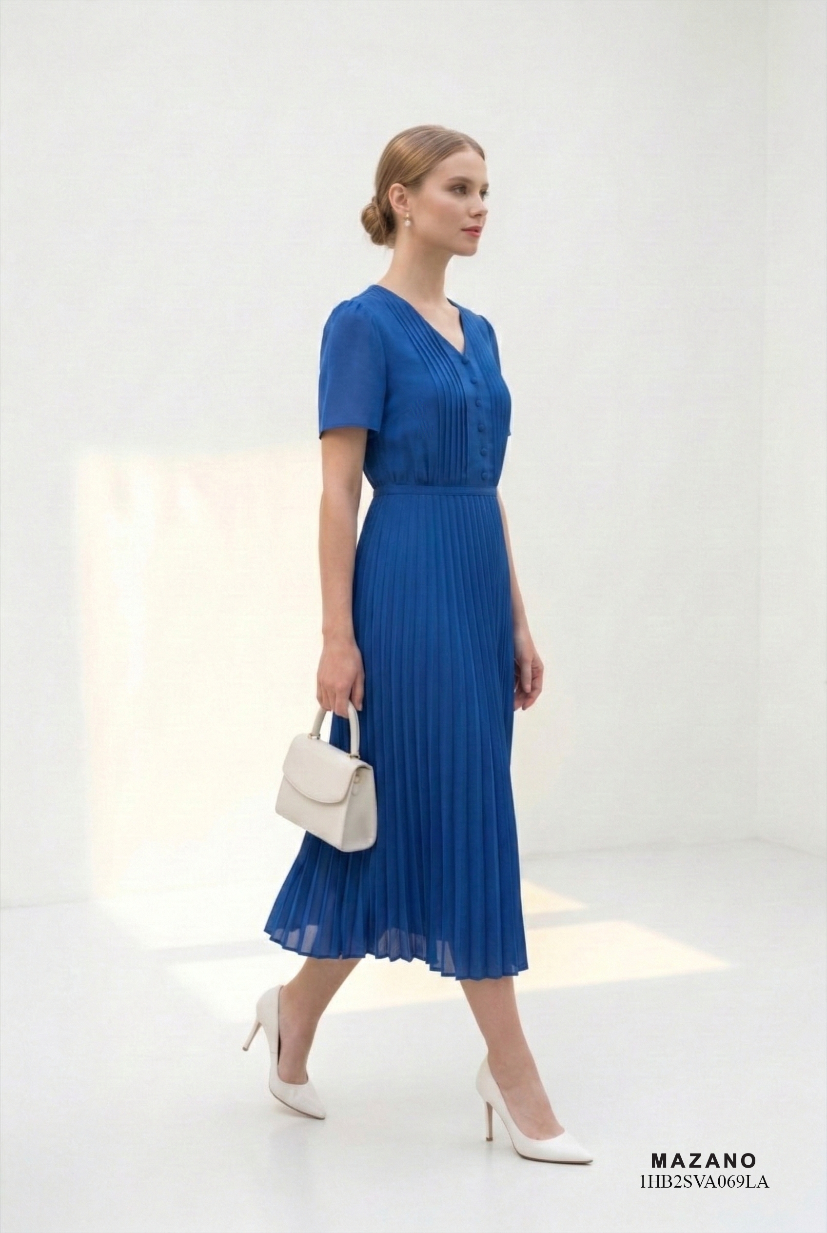 Đầm voan chiffon xanh dáng ôm chân dập ly cổ V tay ngắn thiết kế MAZANO_thumbnail_2