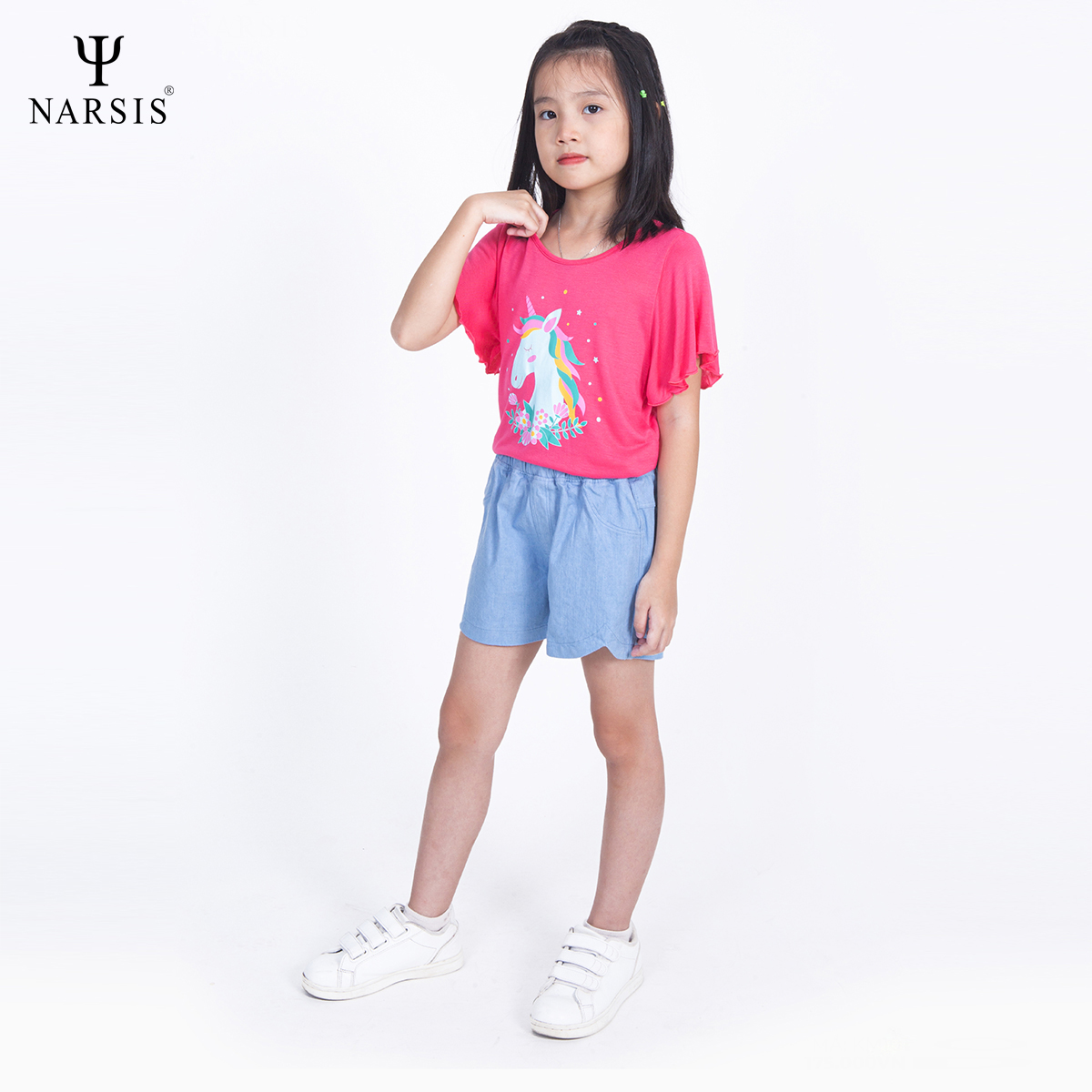 BỘ HÈ BÉ GÁI KM1010 NARSIS CHẤT LIỆU JEAN BỀN BỈ, CÁ TÍNH, TRẺ TRUNG, THỜI TRANG