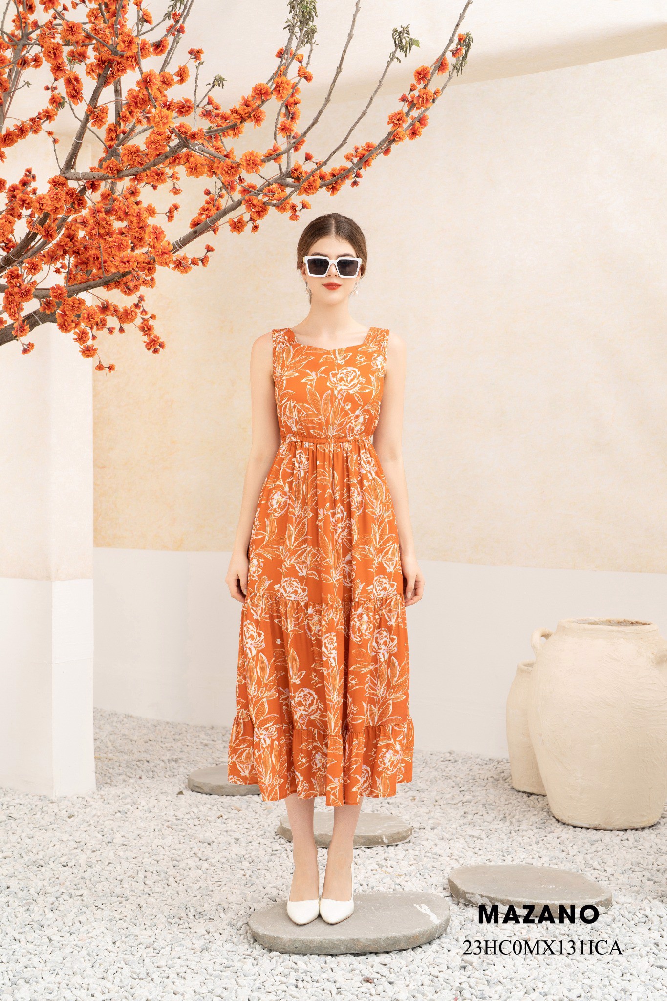 Đầm Maxi vải voan họa tiết hoa mẫu đơn cổ cách điệu không tay dài đến mắt cá chân_thumbnail_3