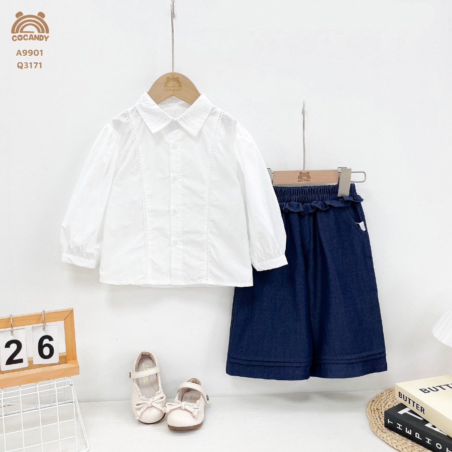 Áo dài TRẮNG sơ mi tay phồng phối ren dọc