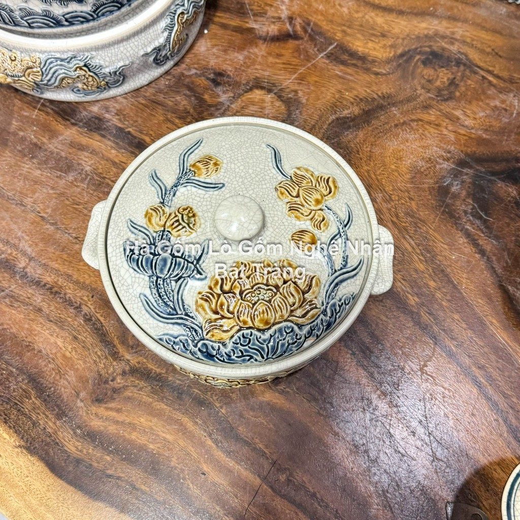Đồ Thờ Cúng Thố Cơm, Âu Cơm, Vại Cơm, Nồi Cơm Men Rạn Đắp Nổi Bát Tràng Cao Cấp_thumbnail_3