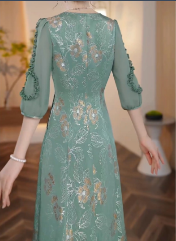 17734-Đầm lụa vân  gấm 3D phối tay voan màu xanh ( lụa , voan)_thumbnail_1