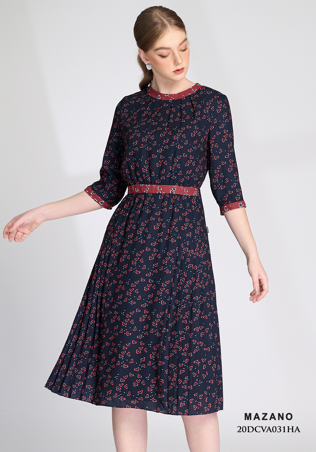 Đầm xanh than in hoa nhí xếp ly phối màu nhấn eo_thumbnail_4