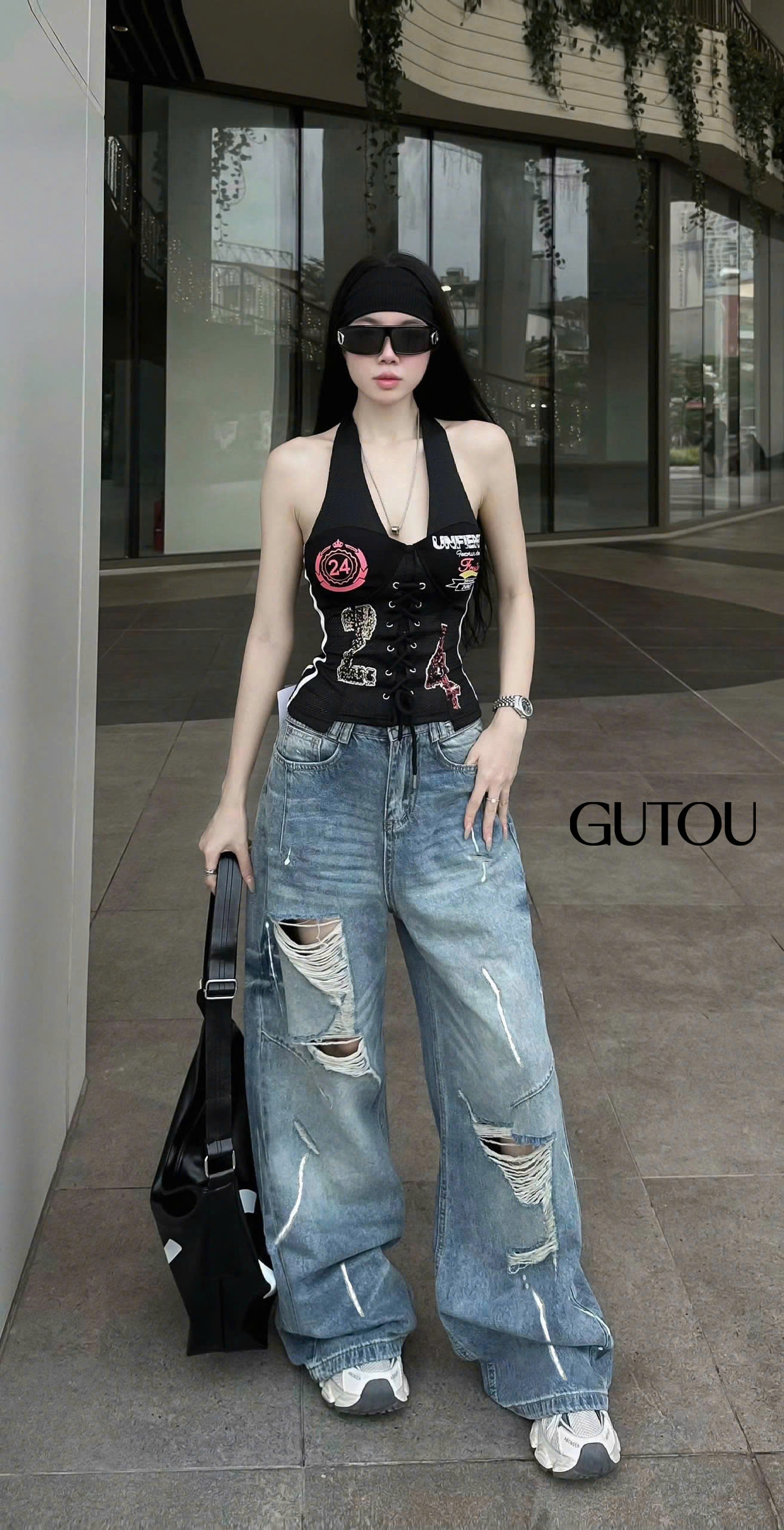 [ GUTOU ] Quần Jean Suông Rách Gối Vẩy Sơn