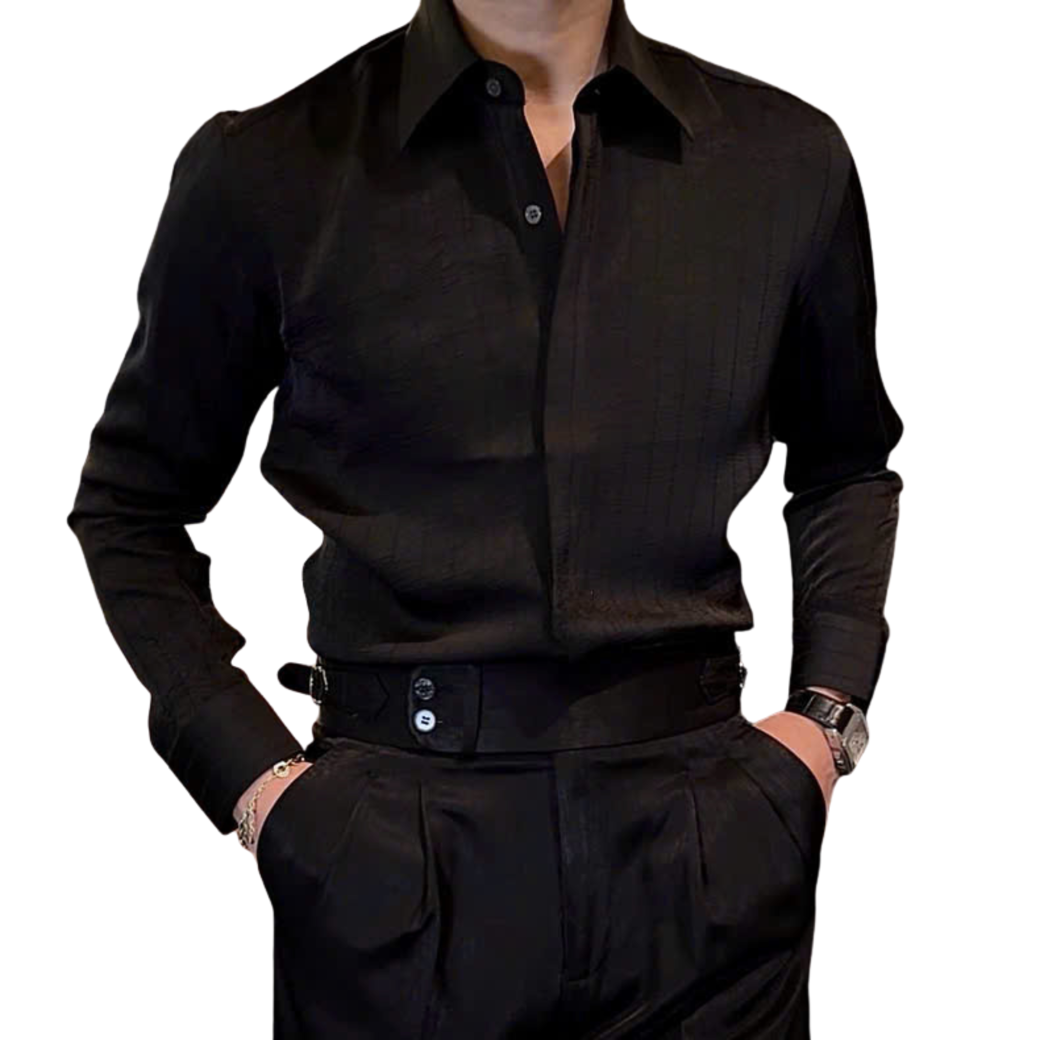 Sơ Mi Sọc Lụa Chìm Cổ Dấu Khuy