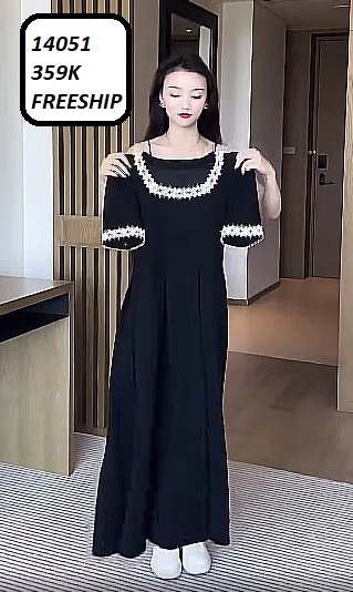 14051-Đầm xòe tay ngắn cổ vuông phối viền ren hoa (thun mịn)FREESHIP_thumbnail_0