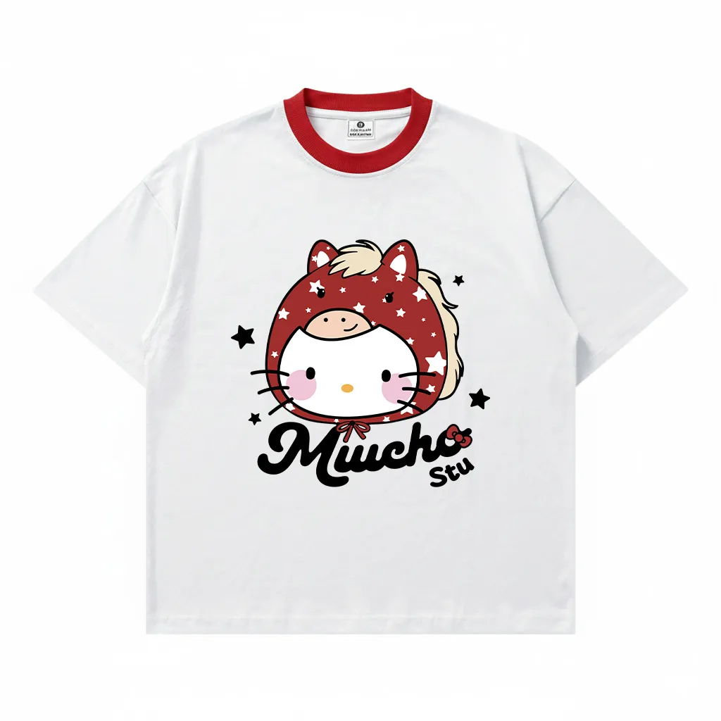 Áo thun nữ form boxy Tết Miucho thoáng mát tôn dáng Kitty phối cổ mix màu 2968_thumbnail_9