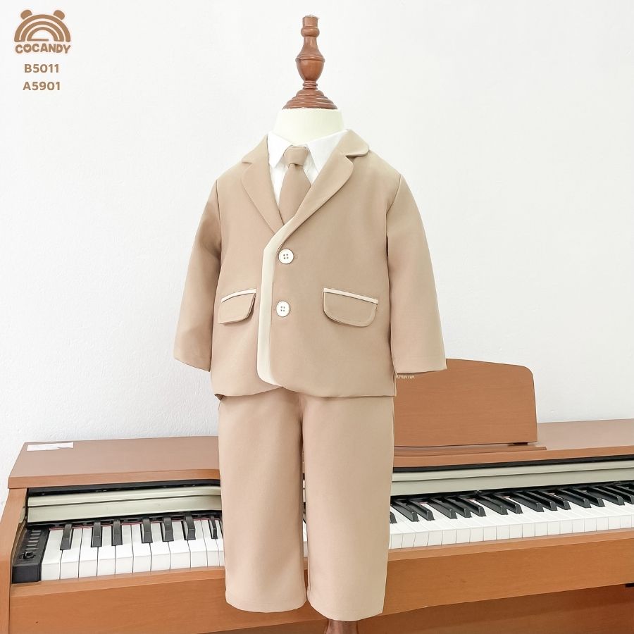 Bộ vest dài NÂU công tử phối nẹp be đôi