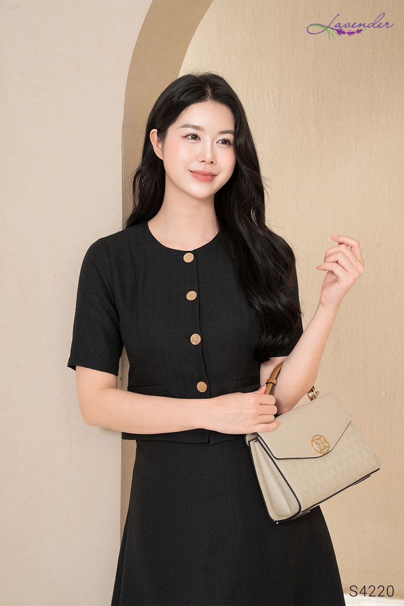 Set vest tweed tay cộc màu đen