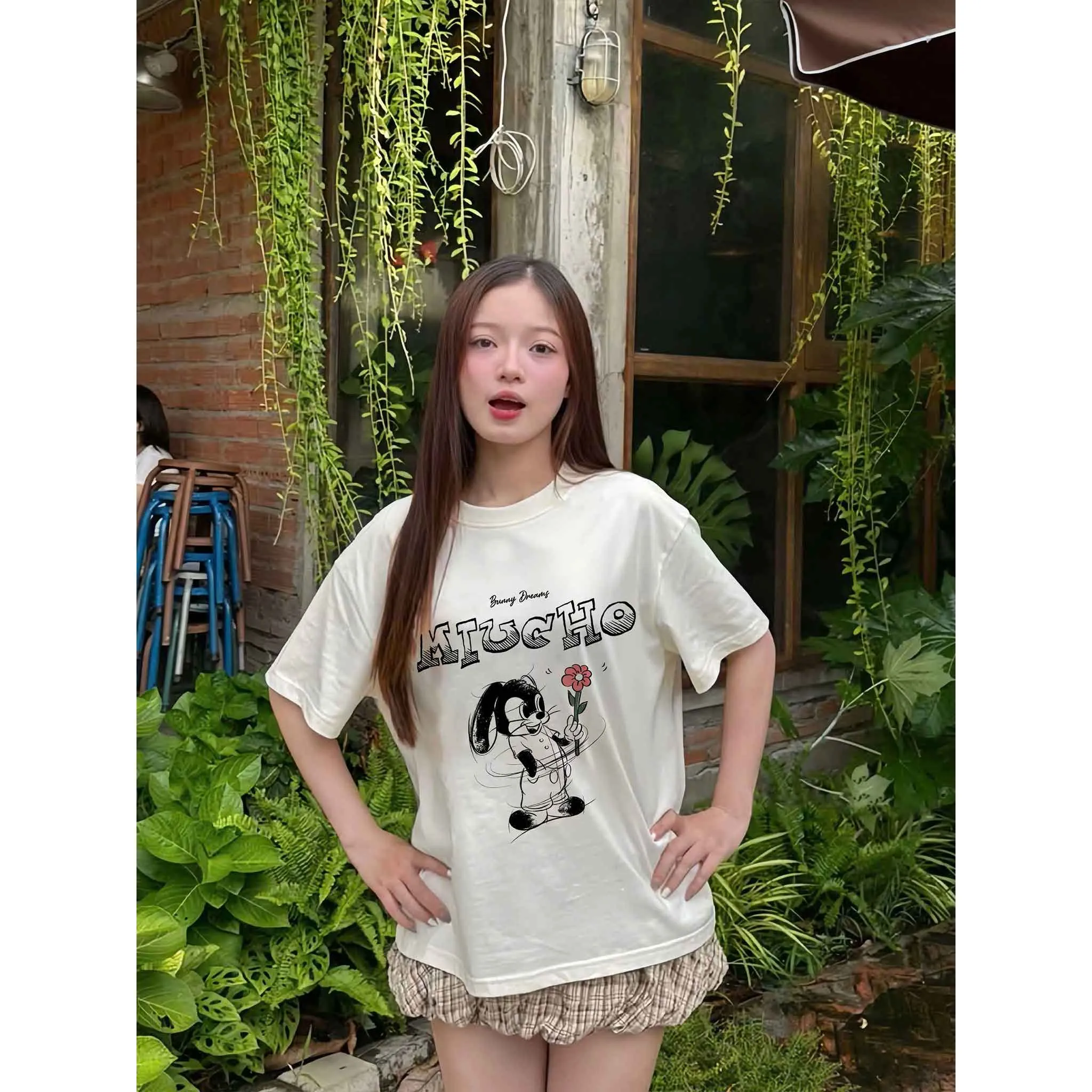 Áo thun boxy nữ hoạt hình dễ thương 2546 Miucho chất vải cotton co giãn thoáng mát mềm mịn in mix_thumbnail_2