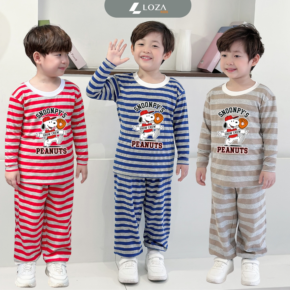 Bộ Thu - Đông kẻ bé trai in hình Snoopy Peanuts - Loza Kids TK551