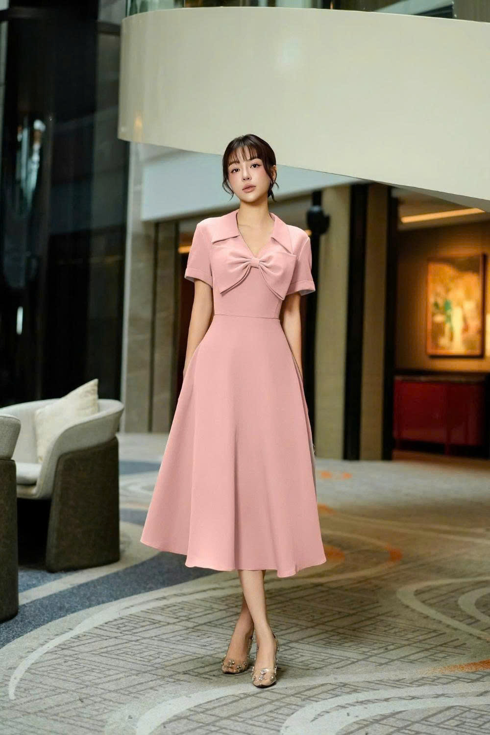 Đầm xòe hồng nơ ngực DL332