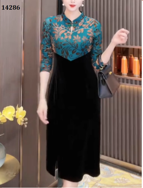 14286-Đầm body suông cổ tàu phối xanh đen ( lụa mango, poly 2 da)_thumbnail_0