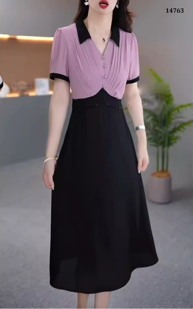 14763-Đâm xòe phối  2 màu  cổ bẻ  cách điệu (voan, poly 2 da)_thumbnail_0