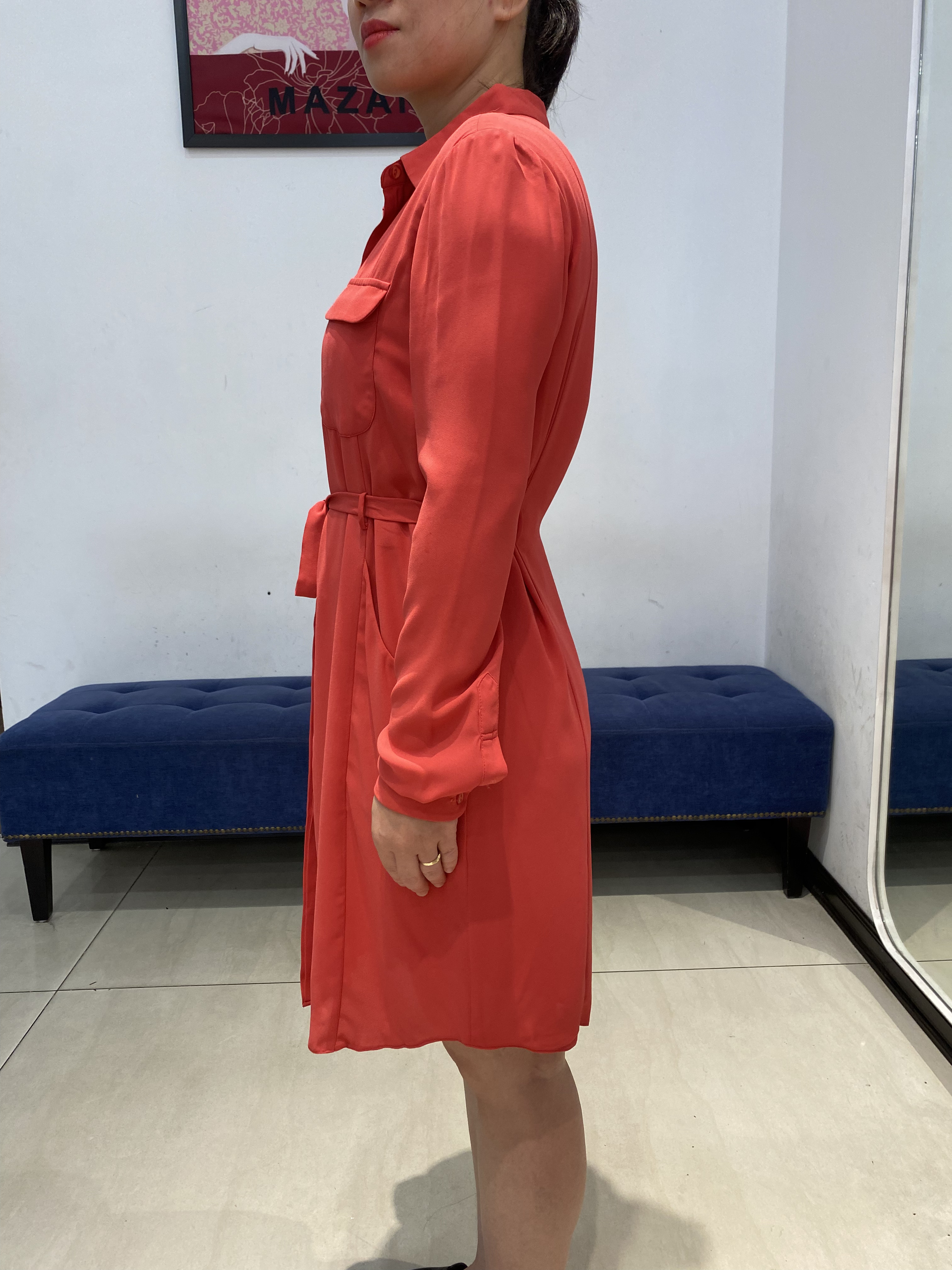 Đầm hồng cổ Đức thắt đai dài tay